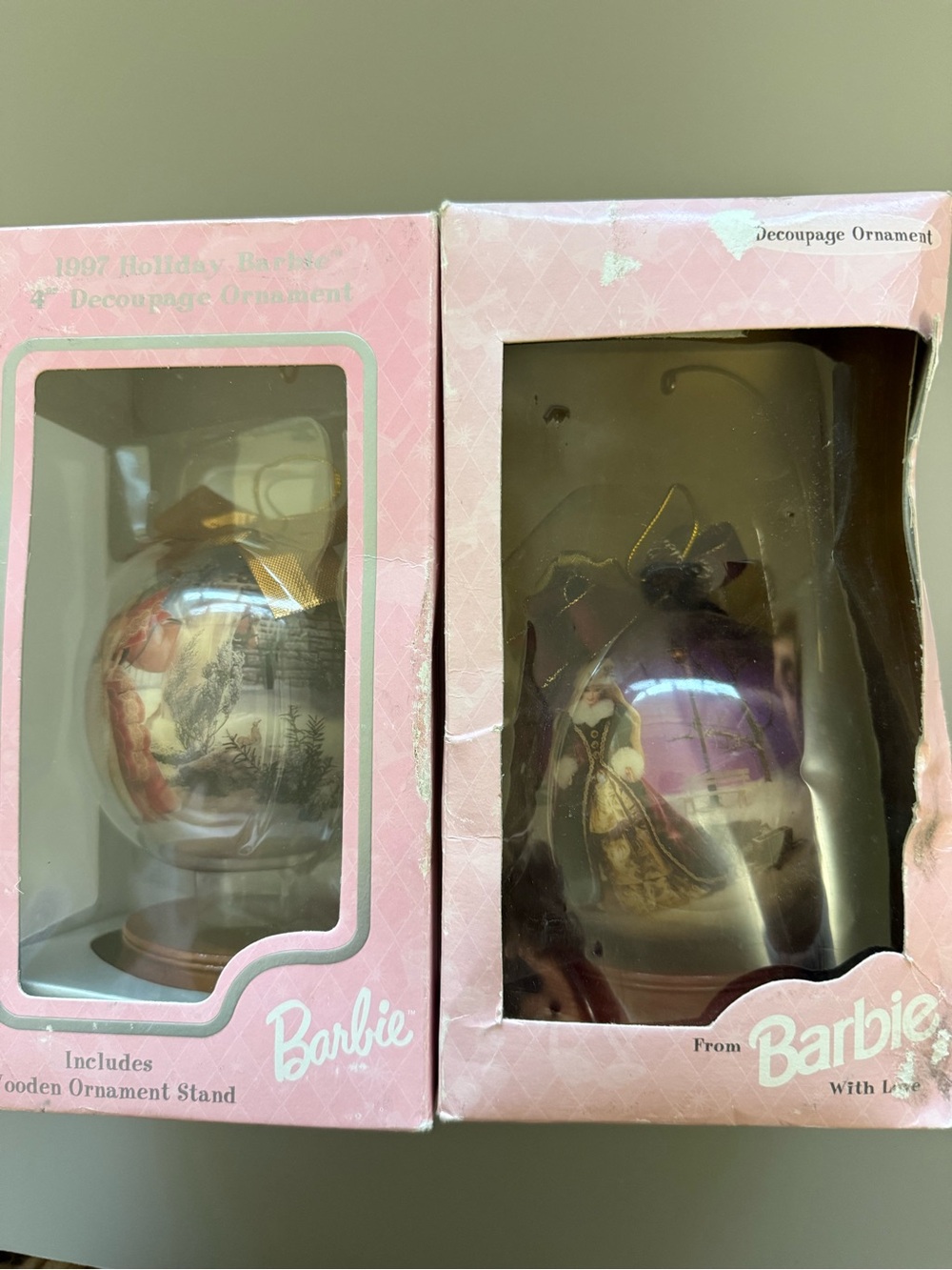Barbie Pink Decoupage‎ Ornament with stands- set of 2. Holiday Collectible